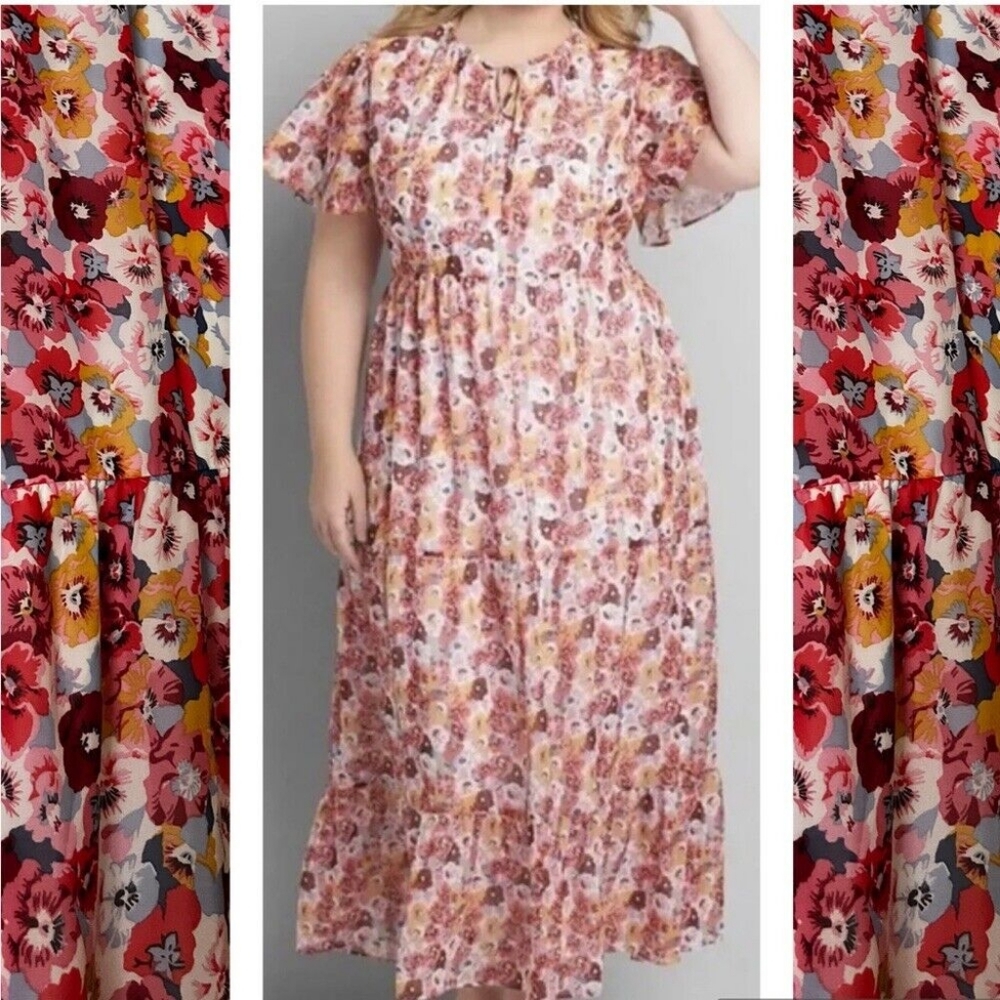 Lane Bryant NWT Sz 18/20 Short Flutter Sleeve Notch Tiered Maxi Dress Pink Flrl